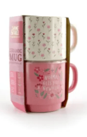 Thyme & Table 2 Pack Stacking Floral Pink and White Mugs, 14.2 fl oz, Stoneware