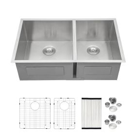 Lordear Undermount Kitchen Sink Double Bowl 18 Gauge Gunmetal Black Stainless Steel Sink (Color: Stainless Steel, size: 33-6/4)